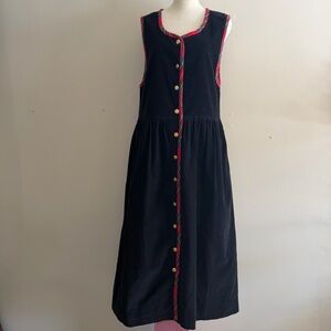 Black Sleeveless Button-Down Black Corduroy Dress with Red Trim